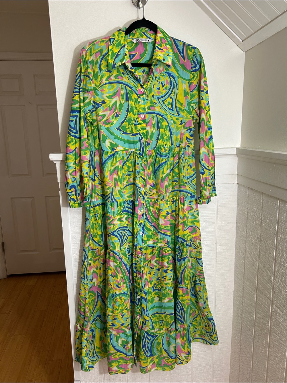 ZARA 100% cotton AOP Colorful Button Up Midi Dress size medium - Picture 3 of 10